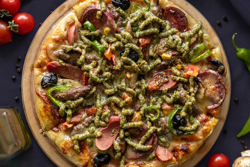 Garden Pesto Veggie pizza with roasted vegetables